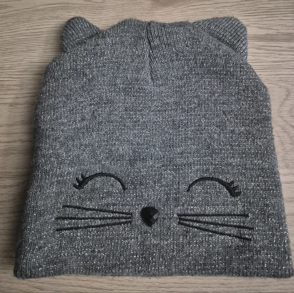 Justice Girls Metallic Kitty Cat Face Ears Beanie Knit Winter Hat